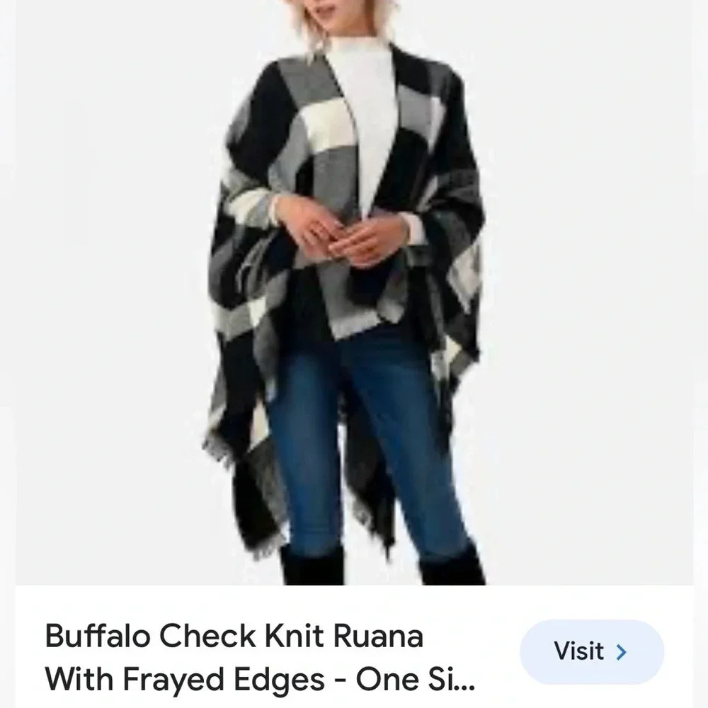 poncho wrap Buffalo check knit with frayed edges, neck-hem=27” no content tag